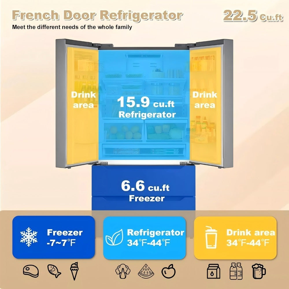 French Door Refrigerator with Ice Maker – Full Size, Stainless Steel, Bottom Freezer