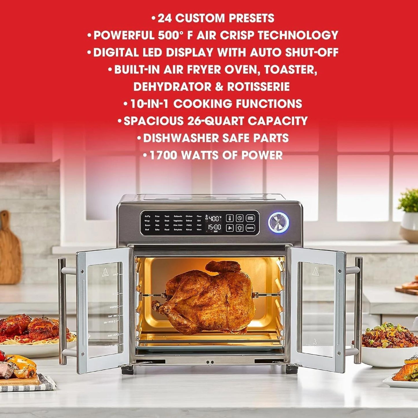 Extra Large French Door Air Fryer Toaster Oven Combo – 26QT Stainless Steel