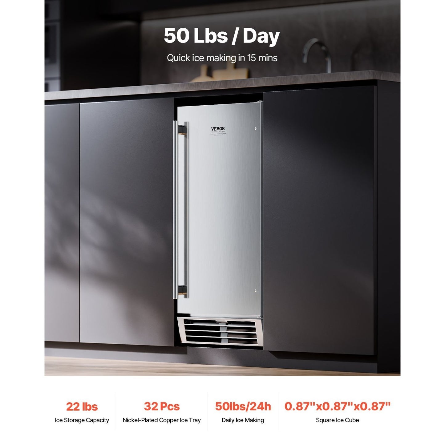Undercounter Ice Maker Machine – 50 lbs/Day, Built-In with Reversible Door