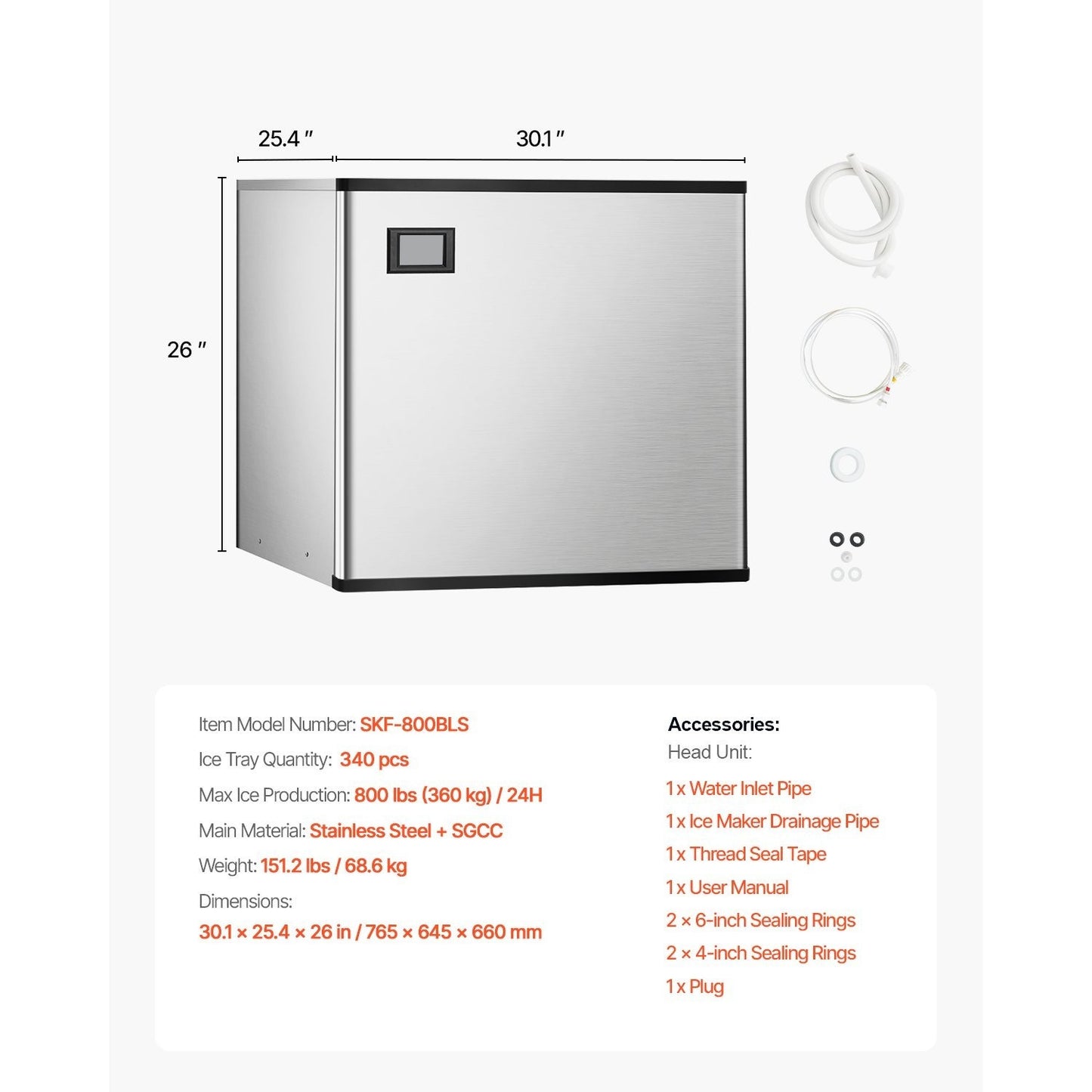 Ice Machine Stainless Steel, 800 lbs/24h Modular Ice Maker Head – 26"