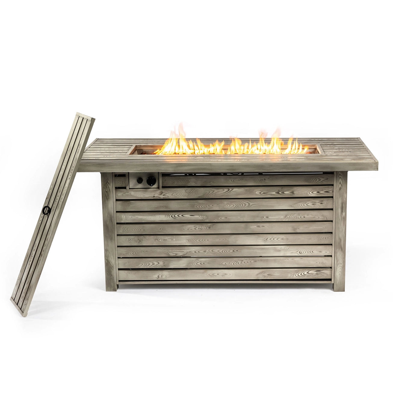 Luxury Outdoor Fire Table 54"| Steel Fire Pit with Wood Grain Surface & Lid | 50,000 BTU