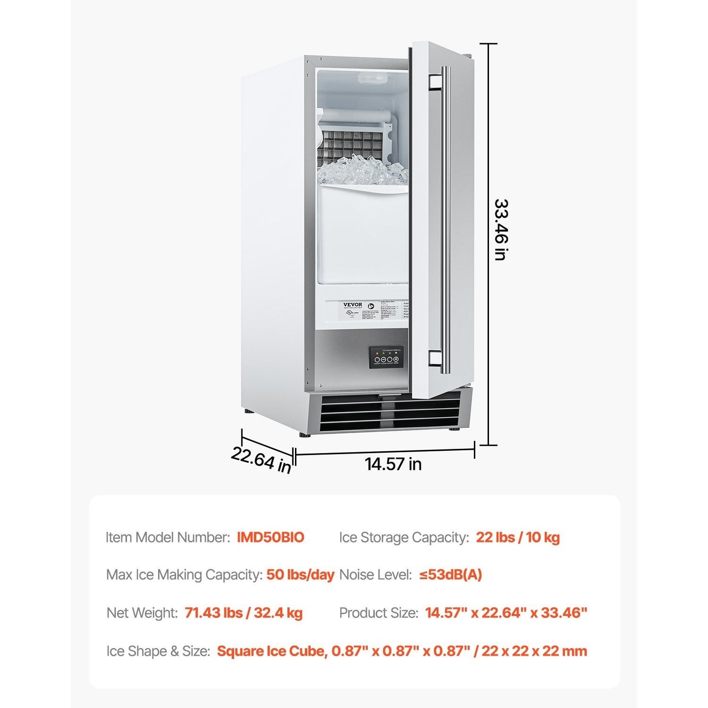 Undercounter Ice Maker Machine – 50 lbs/Day, Built-In with Reversible Door