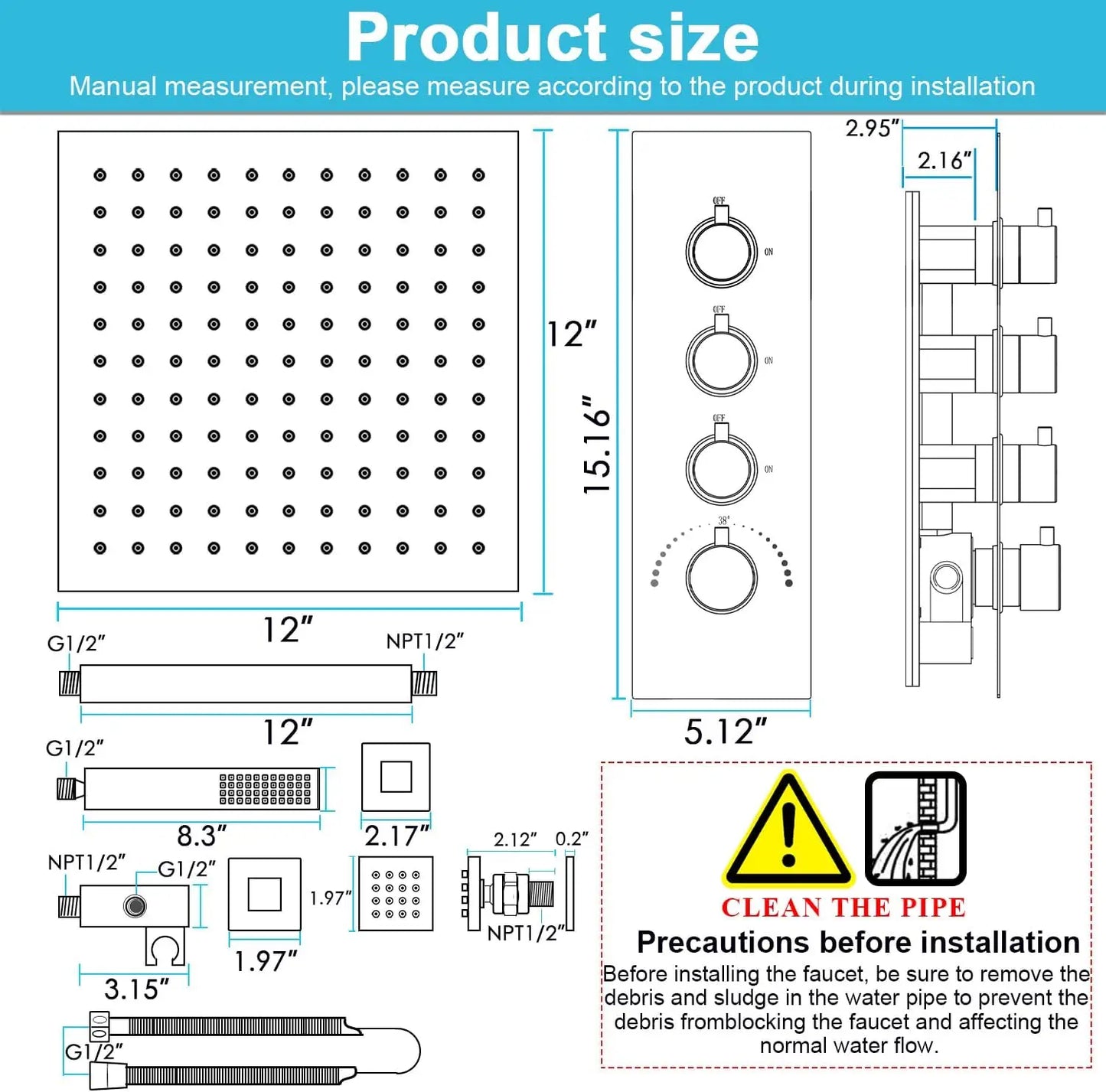 LED Brass Shower System with Body Jets - 12" Rainfall Head