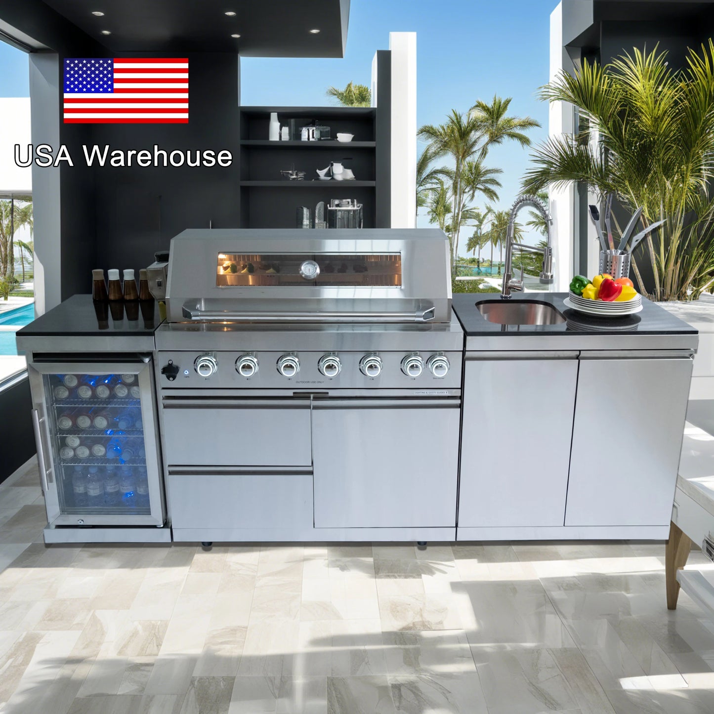 Fully Loaded Outdoor Kitchen BBQ Set with 6-Burner Grill, Sink & Fridge