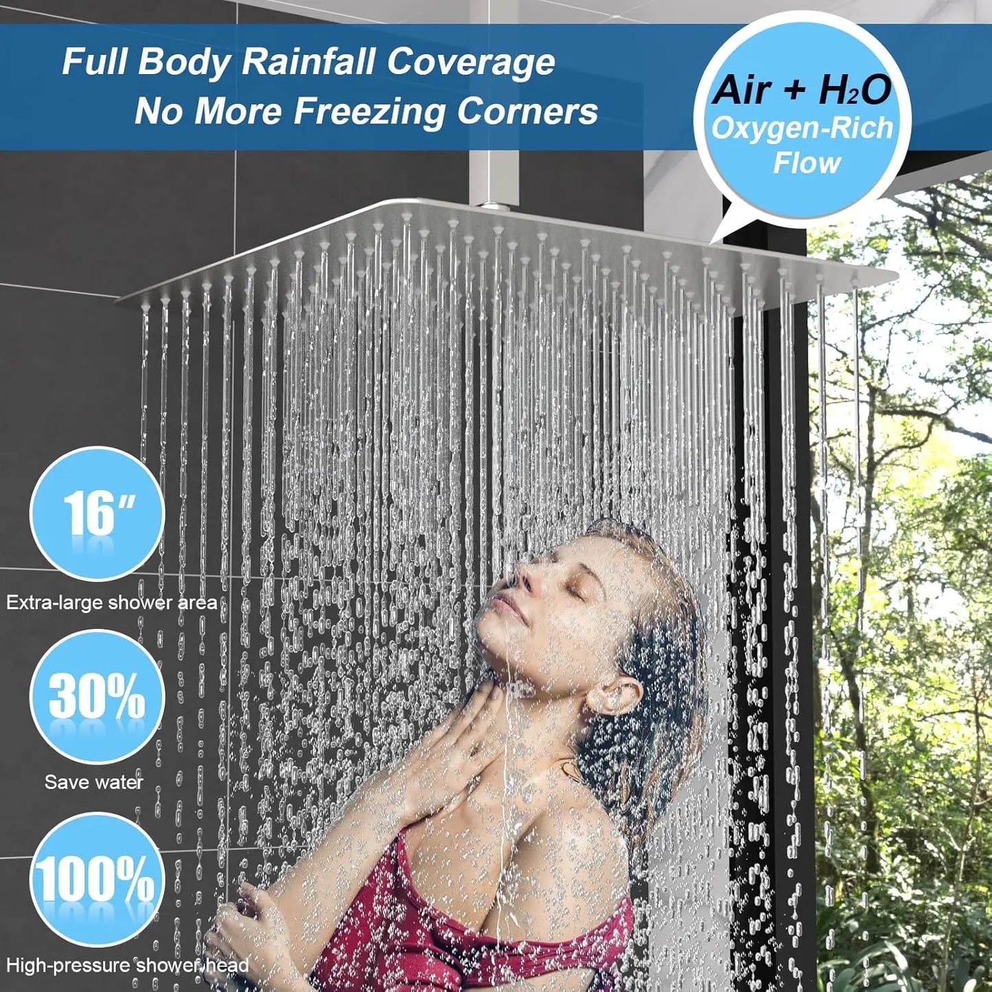 16" Rain Shower System with Body Jets - Thermostatic Ceiling Mount Faucet