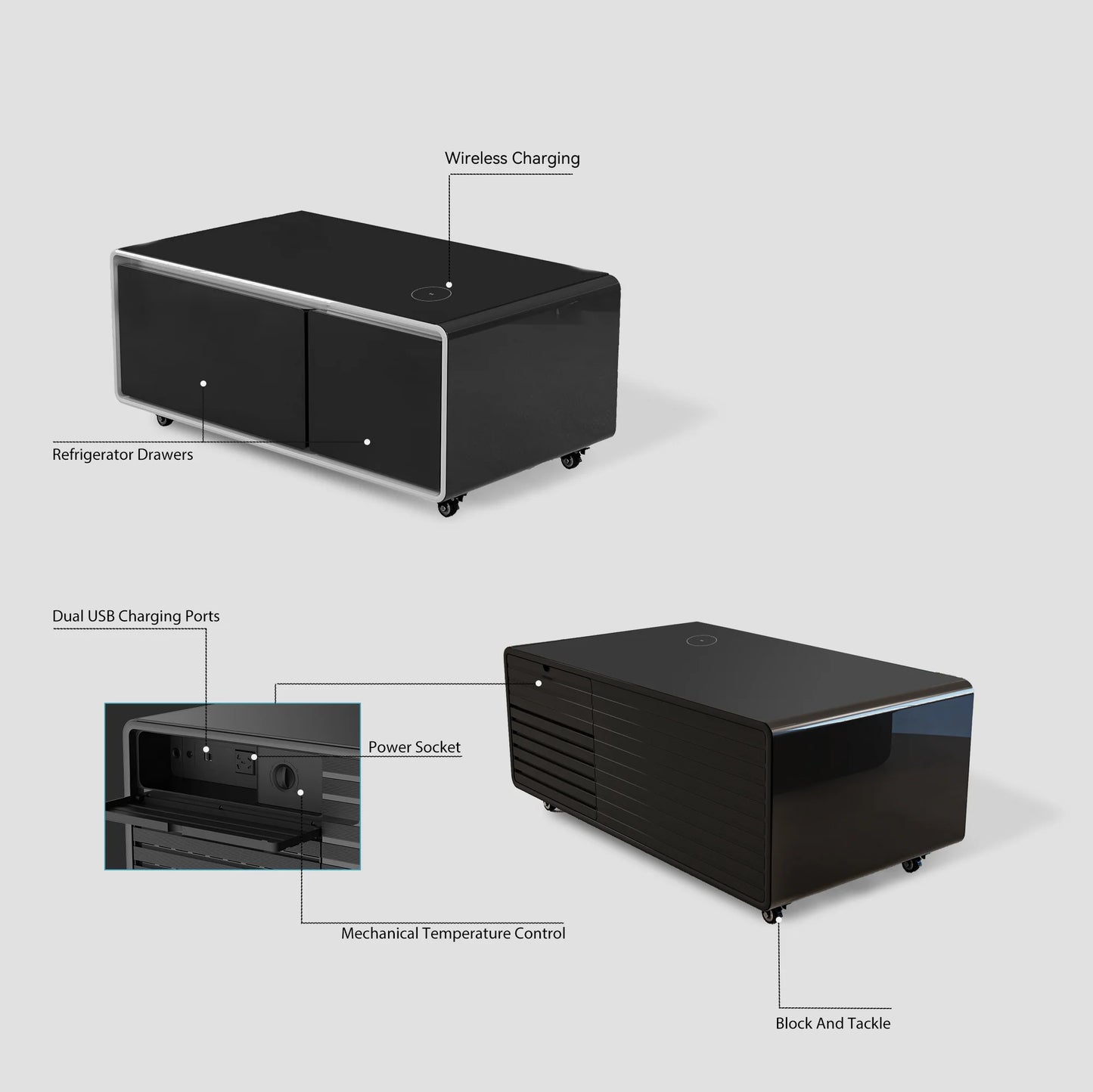 Smart Coffee Table with Mini Fridge, Wireless Charging & Storage