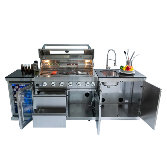 Fully Loaded Outdoor Kitchen BBQ Set with 6-Burner Grill, Sink & Fridge
