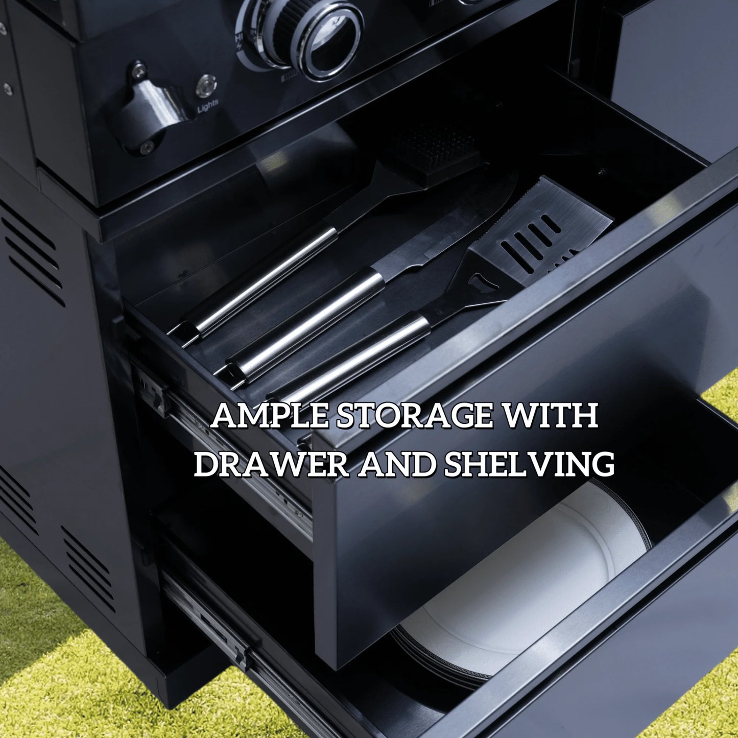 Modern Black Outdoor Kitchen Island with 4+1 Burner Gas Grill – Mobile BBQ Modular Design