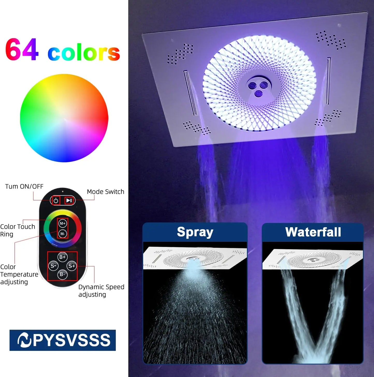 LED Waterfall Shower System with Body Jets & Handheld - 2 in 1