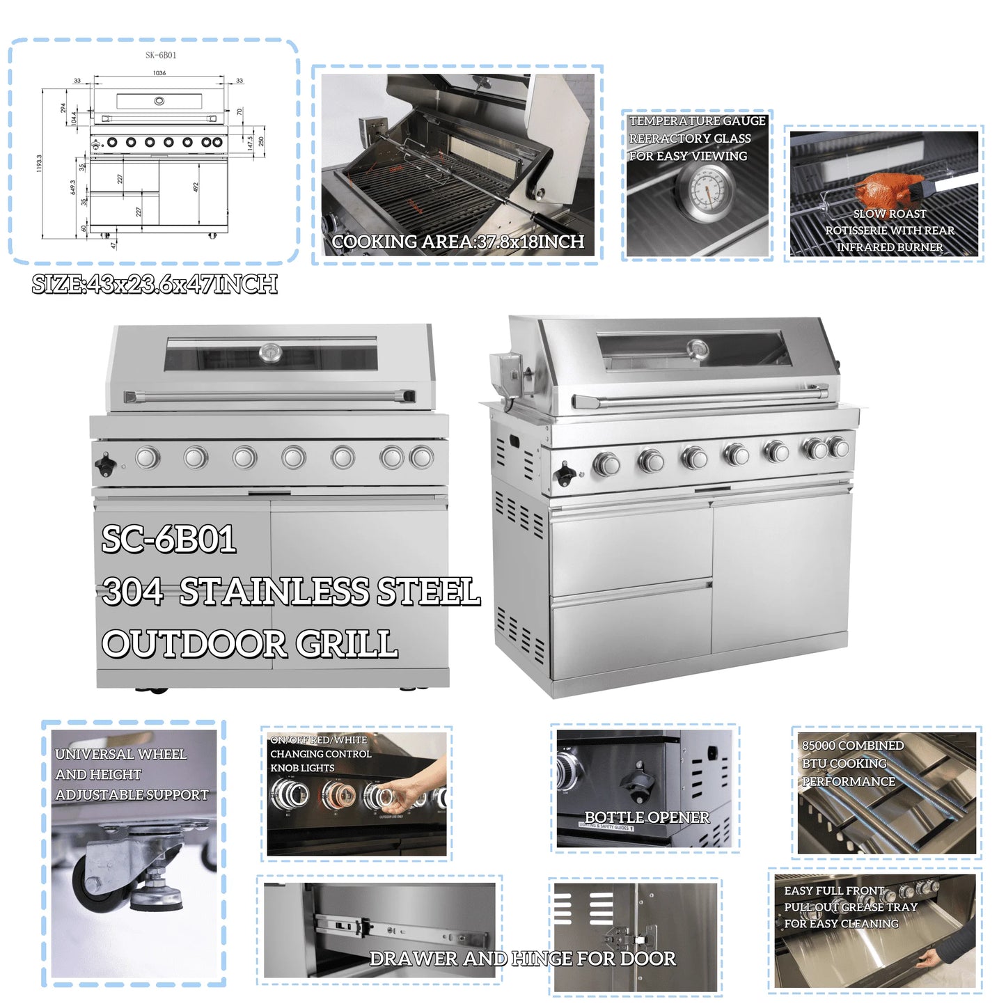 Fully Loaded Outdoor Kitchen BBQ Set with 6-Burner Grill, Sink & Fridge