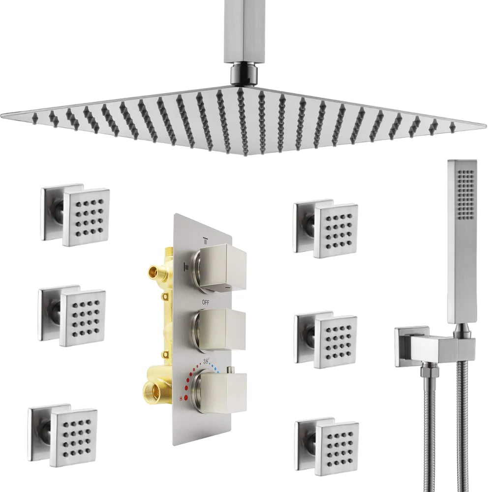 16" Rain Shower System with Body Jets - Thermostatic Ceiling Mount Faucet