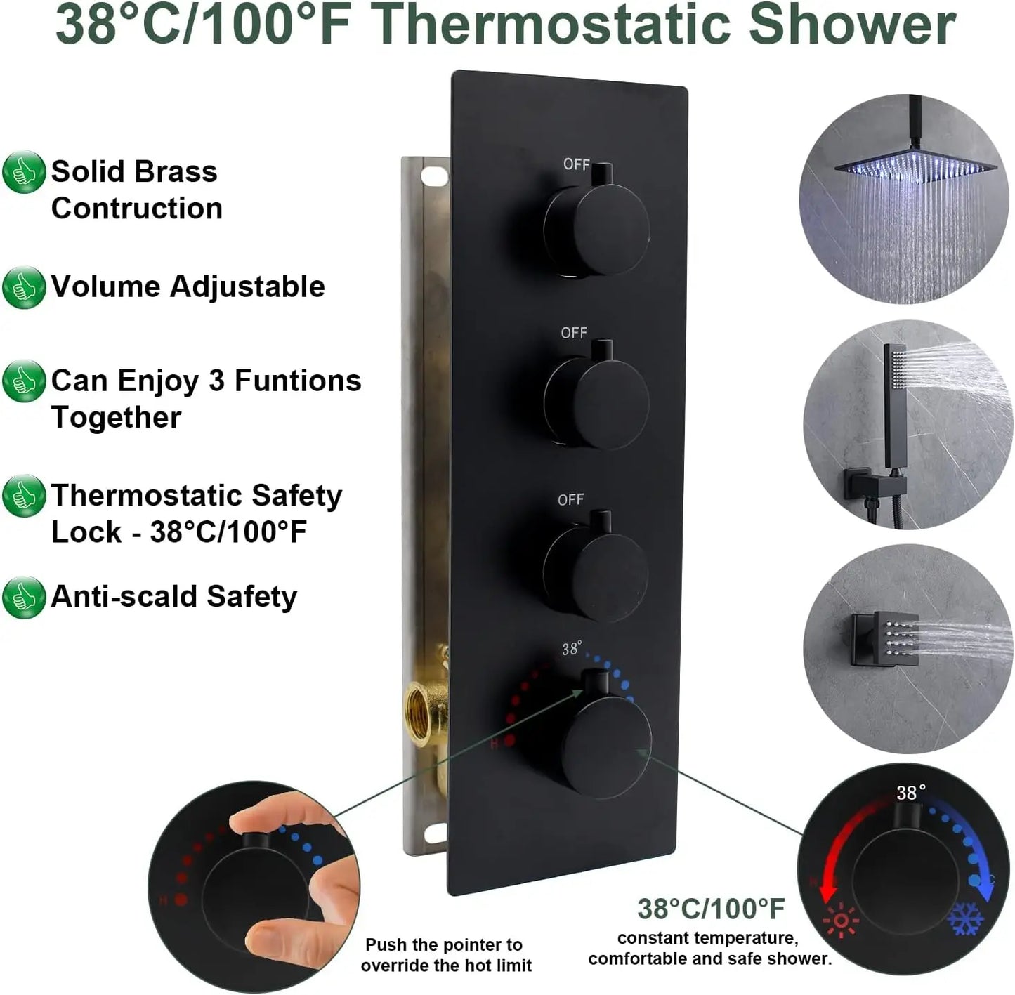 LED Brass Shower System with Body Jets - 12" Rainfall Head