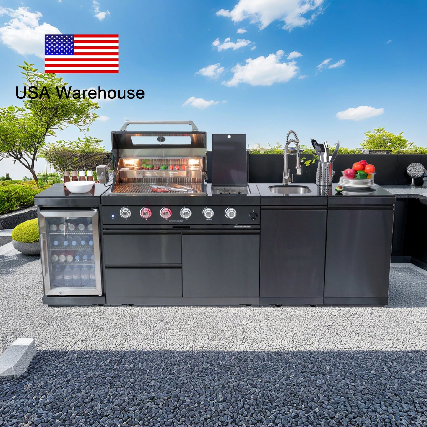 Modern Black Outdoor Kitchen Island with 4+1 Burner Gas Grill – Mobile BBQ Modular Design
