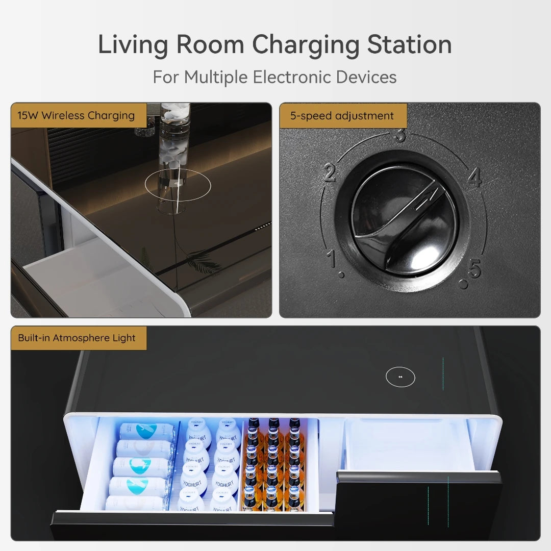 Smart Coffee Table with Mini Fridge, Wireless Charging & Storage