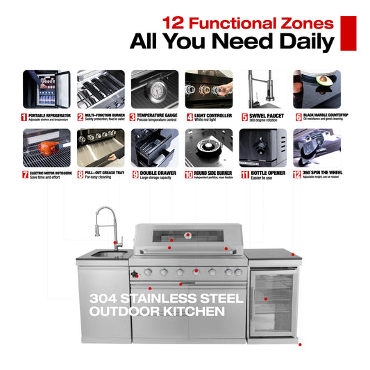 Fully Loaded Stainless Steel Outdoor Kitchen with 6-Burner Gas Grill & Modular Cabinets