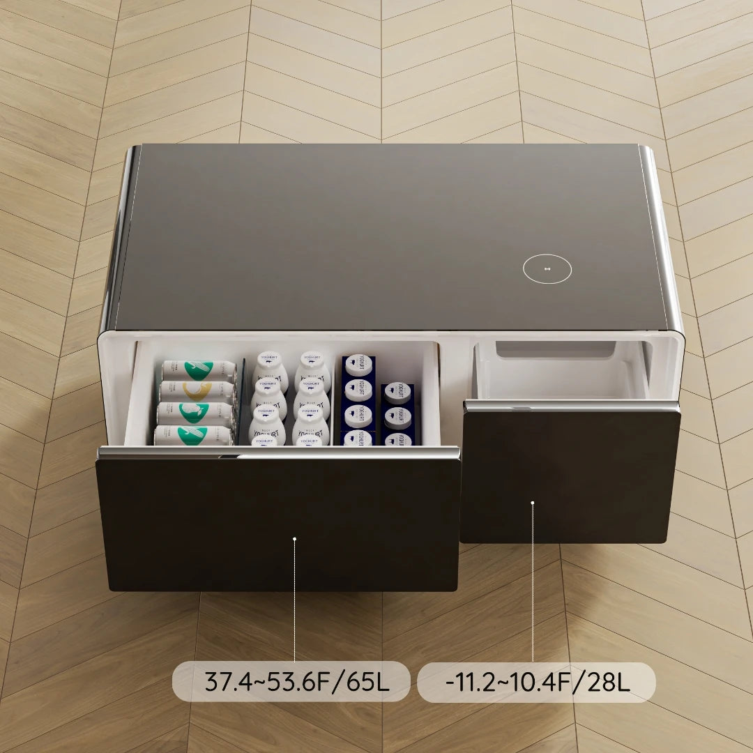 Smart Coffee Table with Mini Fridge, Wireless Charging & Storage
