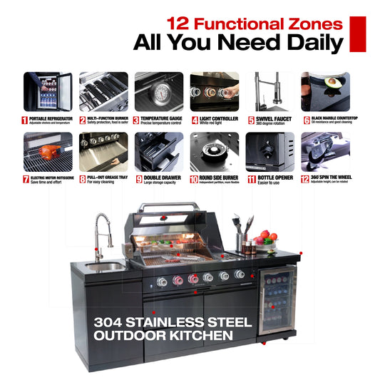 304 Stainless Steel Outdoor Kitchen with various features highlighted on a white background