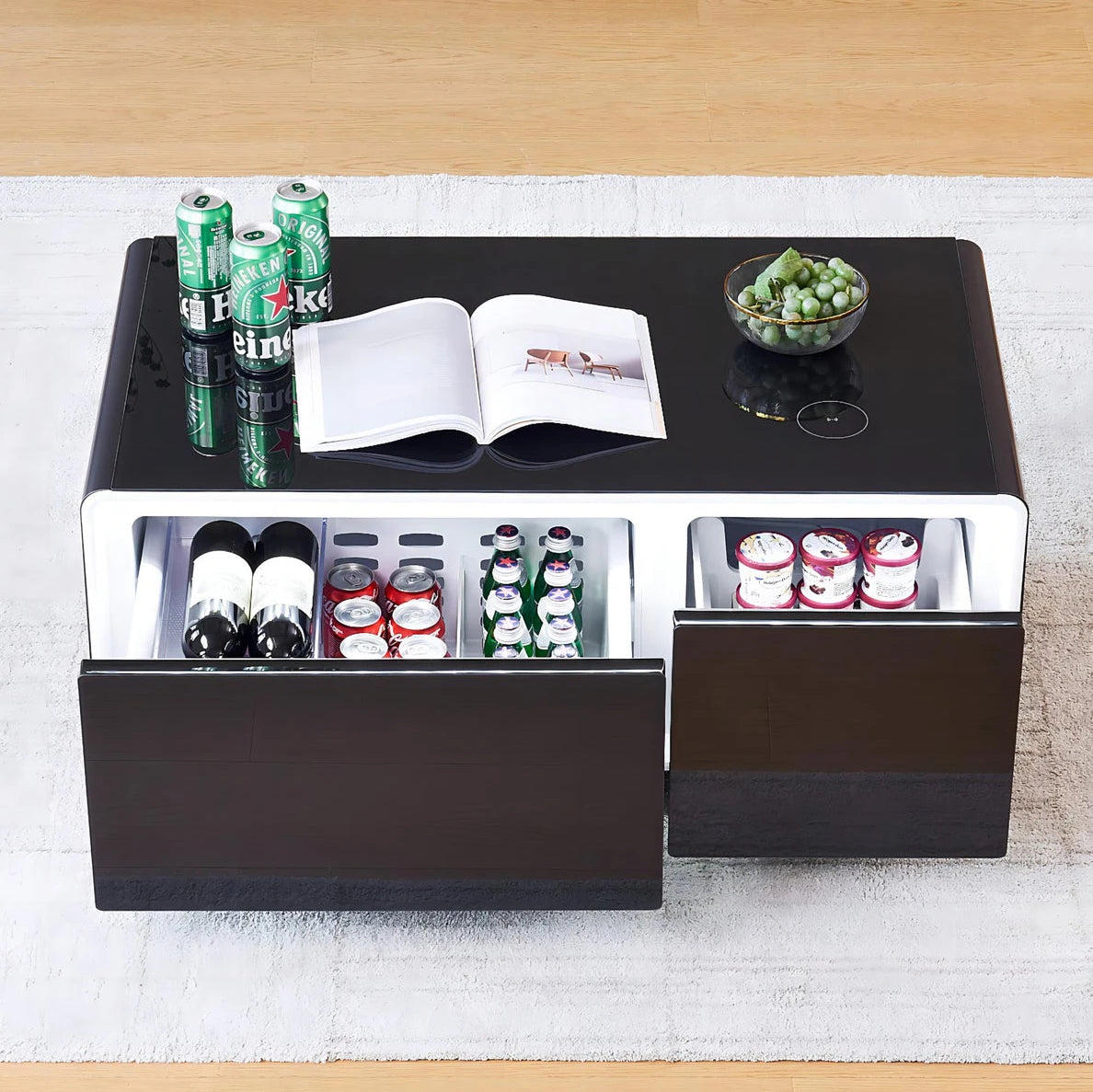 Smart Coffee Table with Mini Fridge, Wireless Charging & Storage