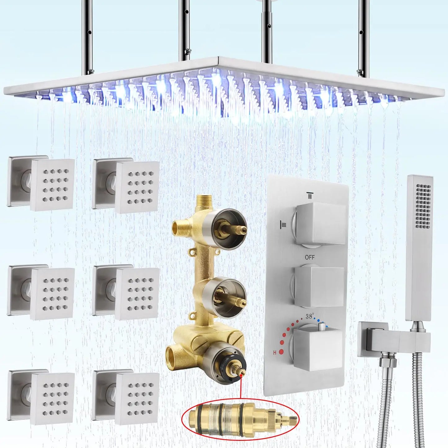 20" LED Rain Shower System - Brushed Nickel & Body Jets