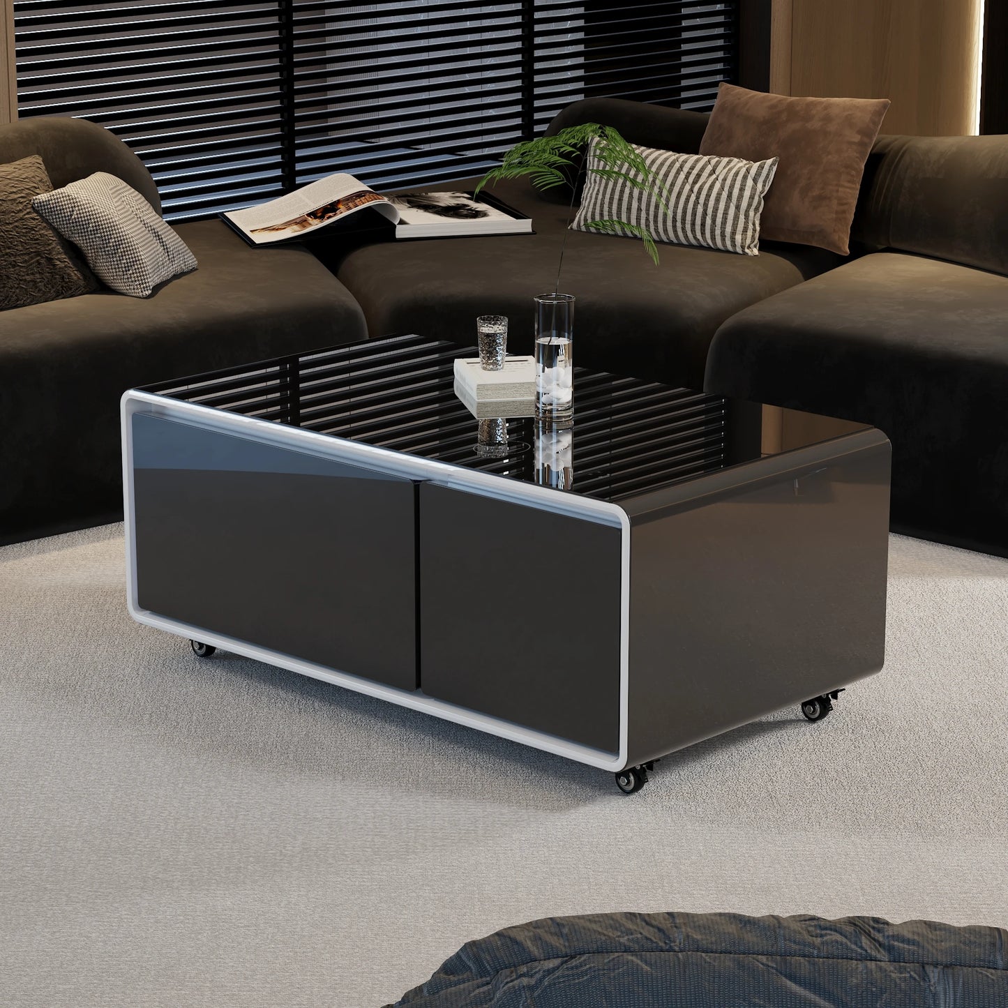 Smart Coffee Table with Mini Fridge, Wireless Charging & Storage