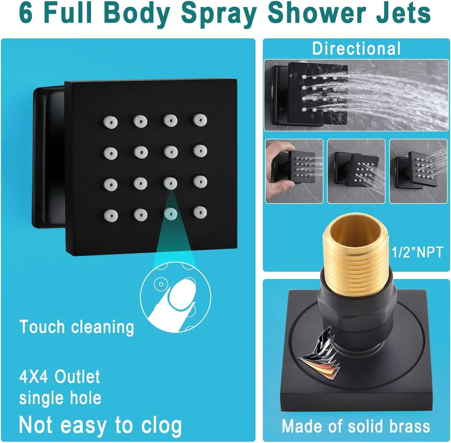 LED Brass Shower System with Body Jets - 12" Rainfall Head