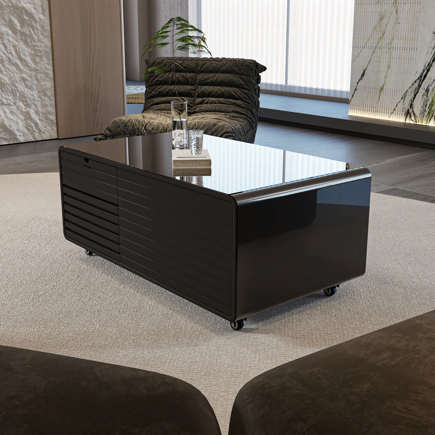 Smart Coffee Table with Mini Fridge, Wireless Charging & Storage
