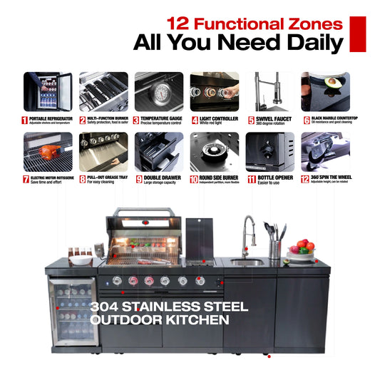 Modern Black Outdoor Kitchen Island with 4+1 Burner Gas Grill – Mobile BBQ Modular Design