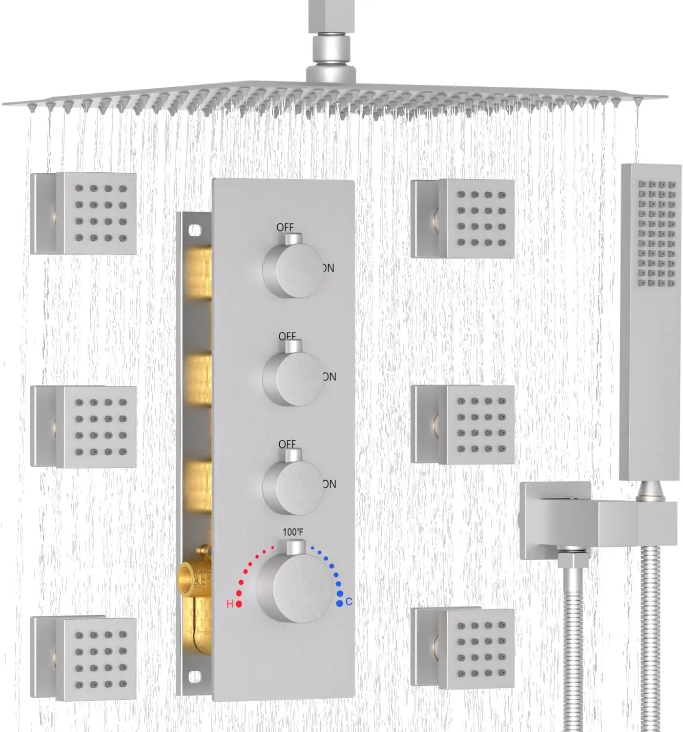16" Rain Shower System with Body Jets - Thermostatic Ceiling Mount Faucet