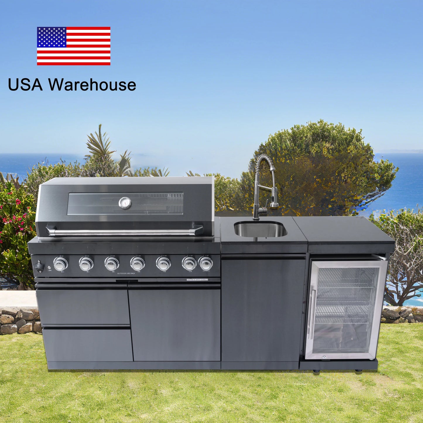 Fully Loaded Outdoor Kitchen Set with 6-Burner BBQ Grill, Sink, Fridge Storage & 12 options