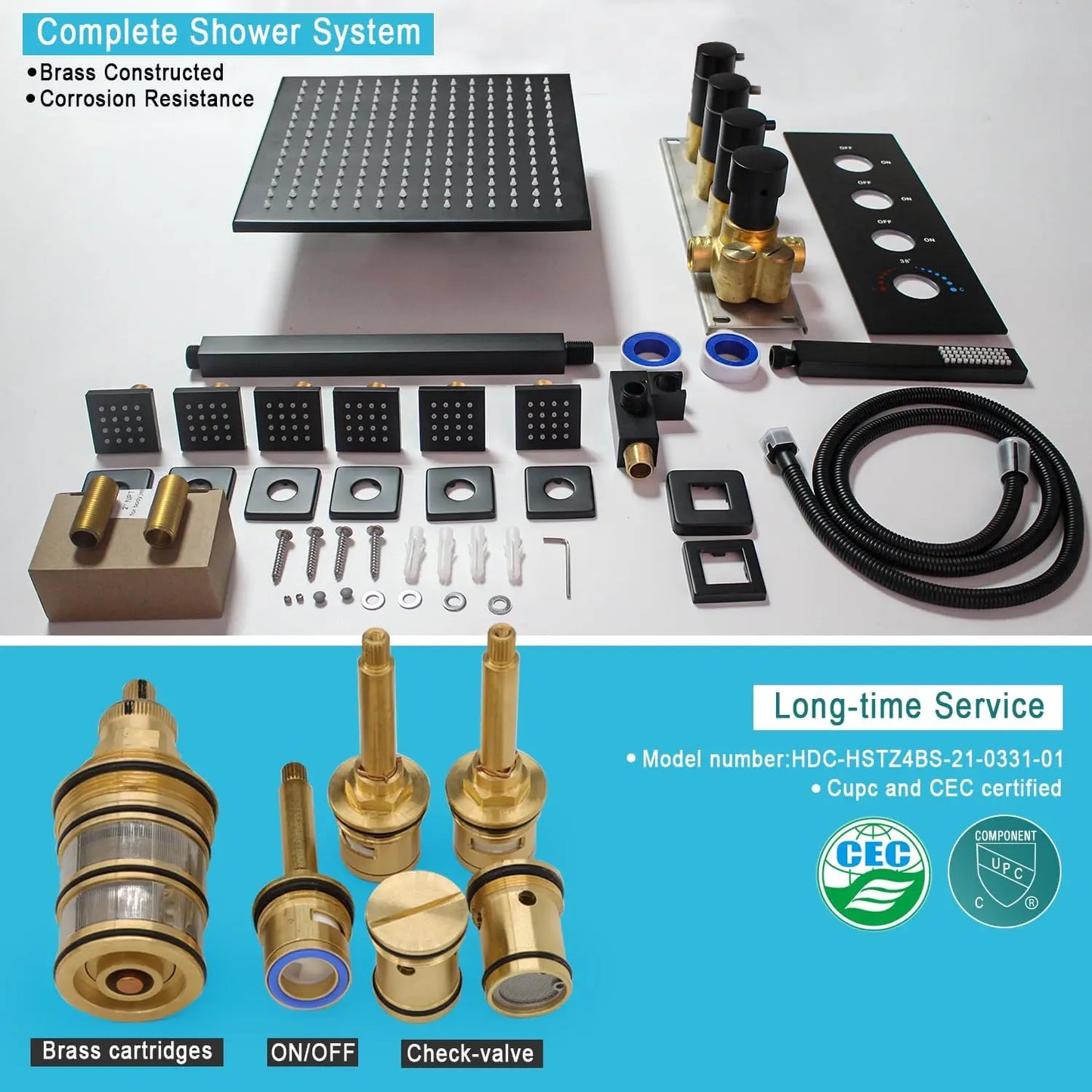 LED Brass Shower System with Body Jets - 12" Rainfall Head