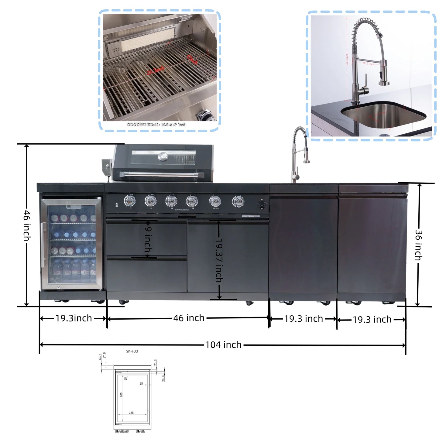 Modern Black Outdoor Kitchen Island with 4+1 Burner Gas Grill – Mobile BBQ Modular Design