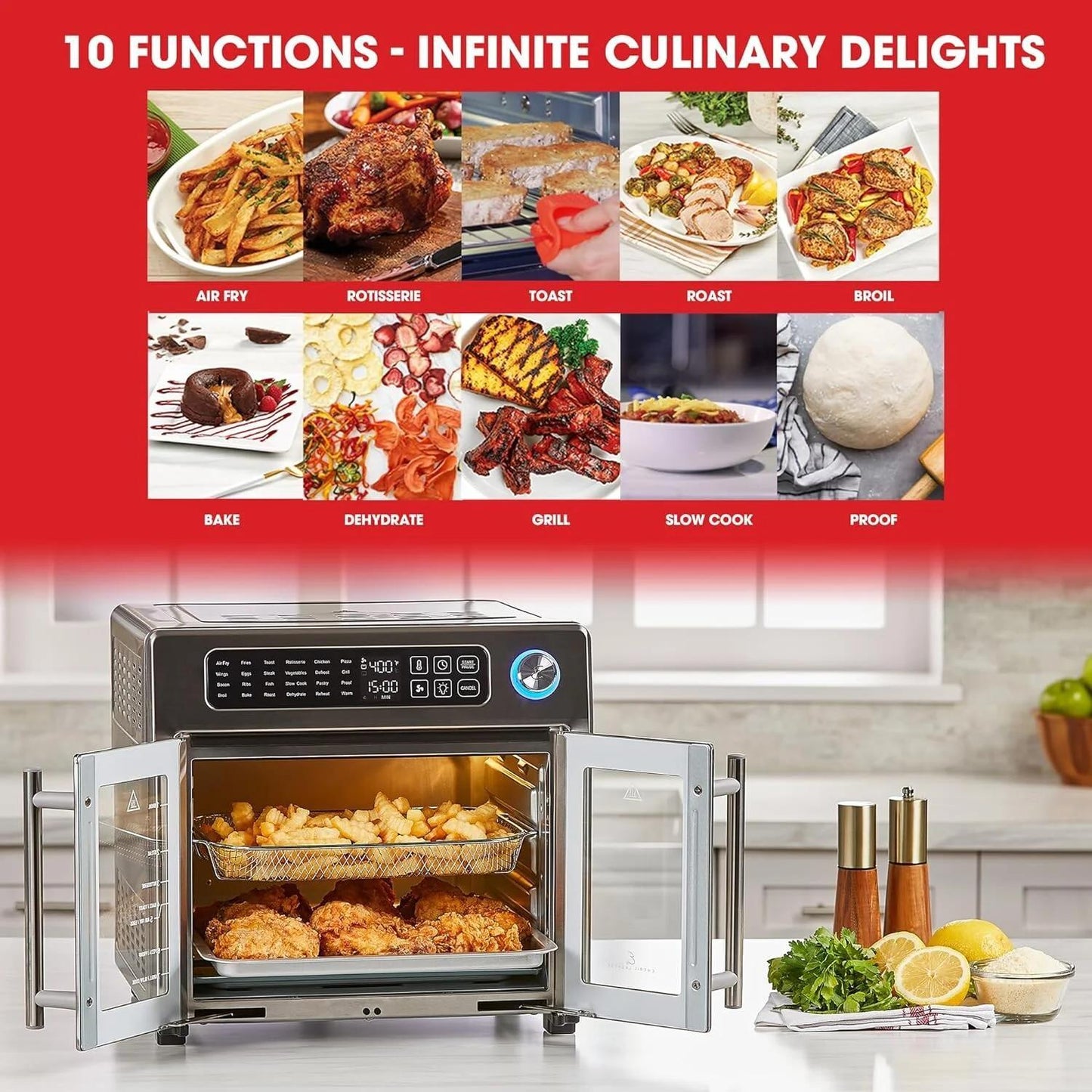 Extra Large French Door Air Fryer Toaster Oven Combo – 26QT Stainless Steel