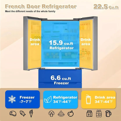 French Door Refrigerator with Ice Maker – Full Size, Stainless Steel, Bottom Freezer