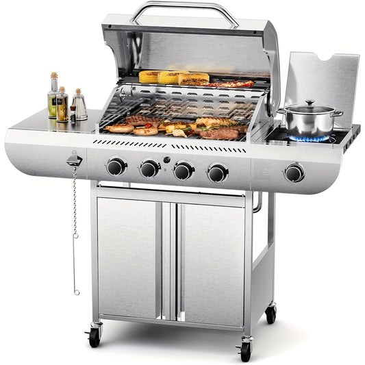 4-Burner Stainless Steel Propane Gas Grill with Side Burner – 42,000 BTU
