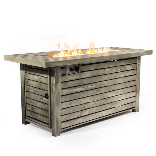 Luxury Outdoor Fire Table 54"| Steel Fire Pit with Wood Grain Surface & Lid | 50,000 BTU