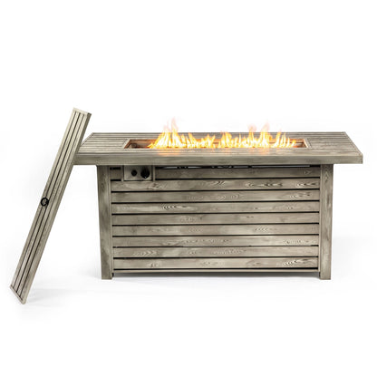 Luxury Outdoor Fire Table 54"| Steel Fire Pit with Wood Grain Surface & Lid | 50,000 BTU