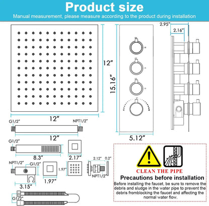 LED Brass Shower System with Body Jets - 12" Rainfall Head