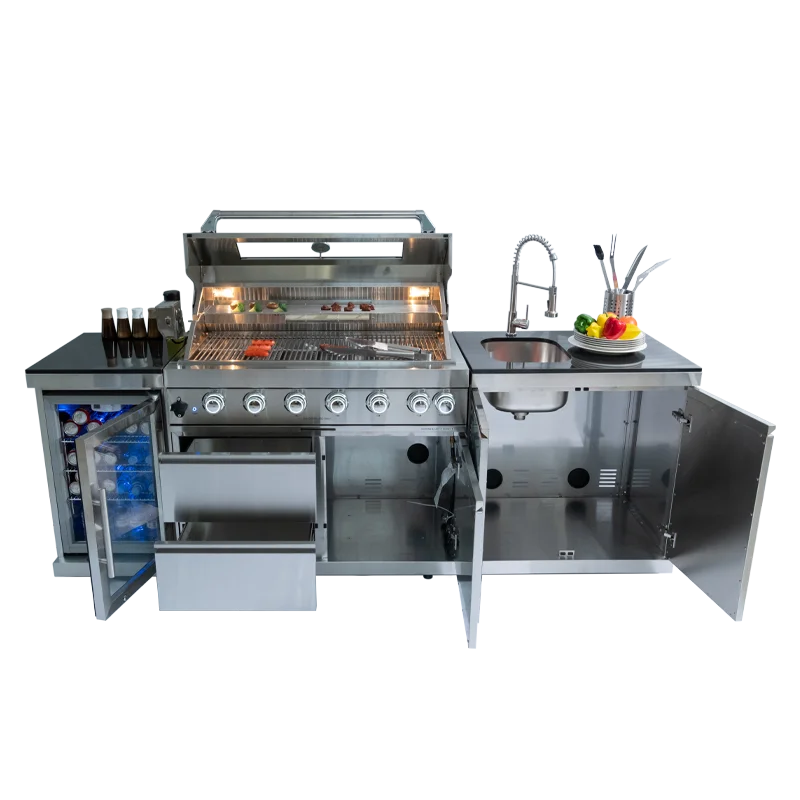 Fully Loaded Outdoor Kitchen BBQ Set with 6-Burner Grill, Sink & Fridge