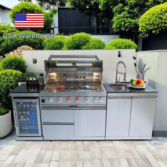 Fully Loaded Outdoor Kitchen BBQ Set with 6-Burner Grill, Sink & Fridge