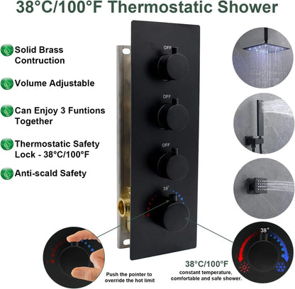 LED Brass Shower System with Body Jets - 12" Rainfall Head
