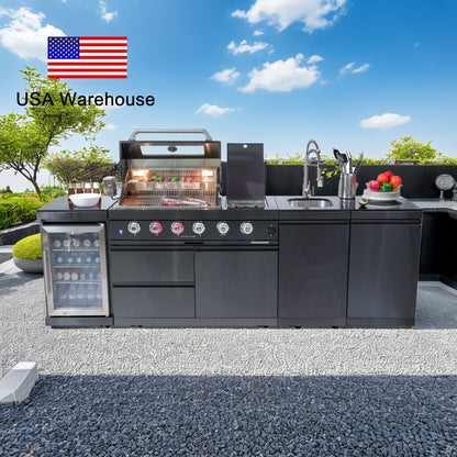Modern Black Outdoor Kitchen Island with 4+1 Burner Gas Grill – Mobile BBQ Modular Design