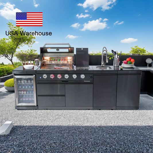 Modern Black Outdoor Kitchen Island with 4+1 Burner Gas Grill – Mobile BBQ Modular Design