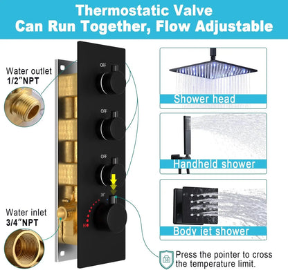 LED Brass Shower System with Body Jets - 12" Rainfall Head