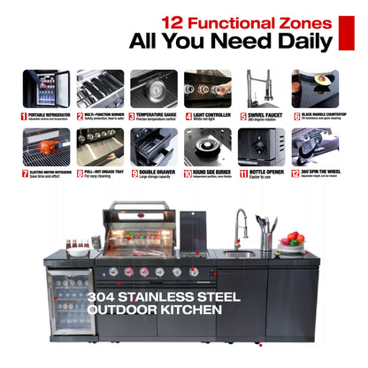 Modern Black Outdoor Kitchen Island with 4+1 Burner Gas Grill – Mobile BBQ Modular Design
