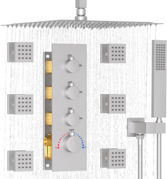 16" Rain Shower System with Body Jets - Thermostatic Ceiling Mount Faucet