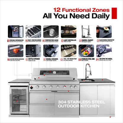 Fully Loaded Outdoor Kitchen BBQ Set with 6-Burner Grill, Sink & Fridge