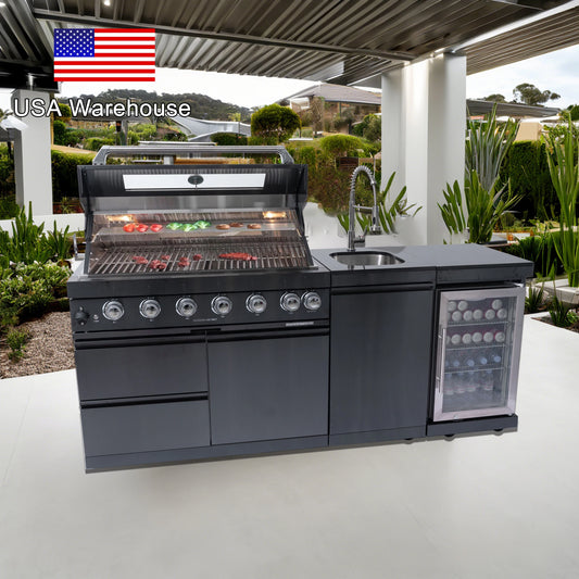 Fully Loaded Outdoor Kitchen Set with 6-Burner BBQ Grill, Sink, Fridge Storage & 12 options