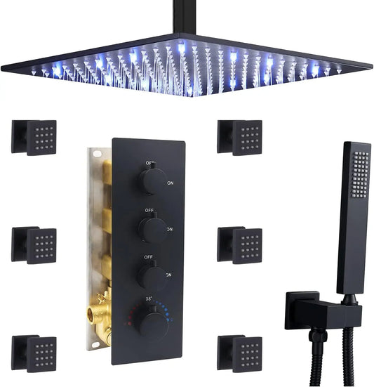 LED Brass Shower System with Body Jets - 12" Rainfall Head