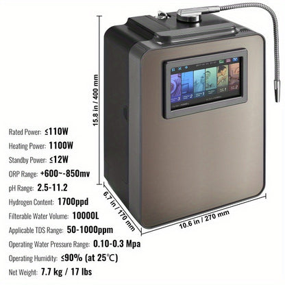 Alkaline Water Ionizer & Purifier with UV, 6-Speed pH, 10,000L Filter